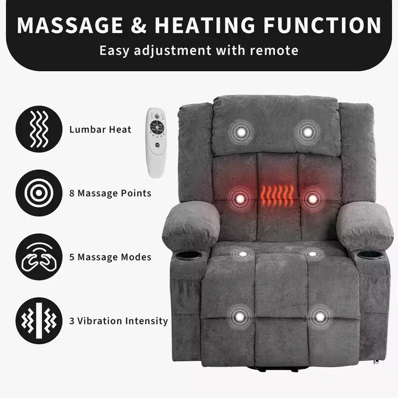 Grand fauteuil inclinable électrique avec fonction massage et chauffage pour personnes âgées, 3 positions, 2 poches latérales et porte-gobelets, et ports USB