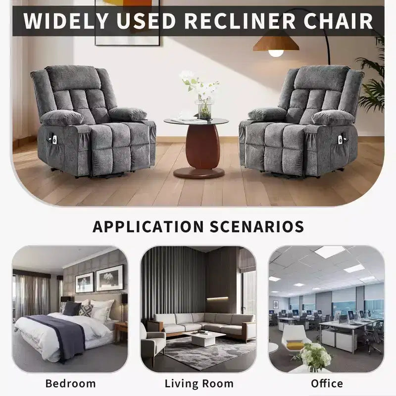 Grand fauteuil inclinable électrique avec fonction massage et chauffage pour personnes âgées, 3 positions, 2 poches latérales et porte-gobelets, et ports USB