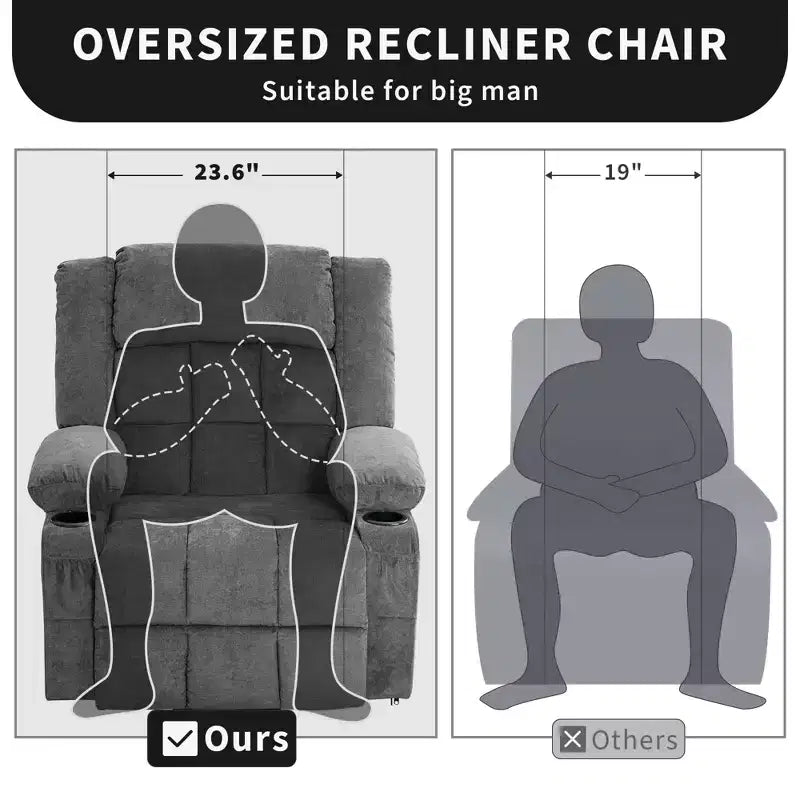 Grand fauteuil inclinable électrique avec fonction massage et chauffage pour personnes âgées, 3 positions, 2 poches latérales et porte-gobelets, et ports USB
