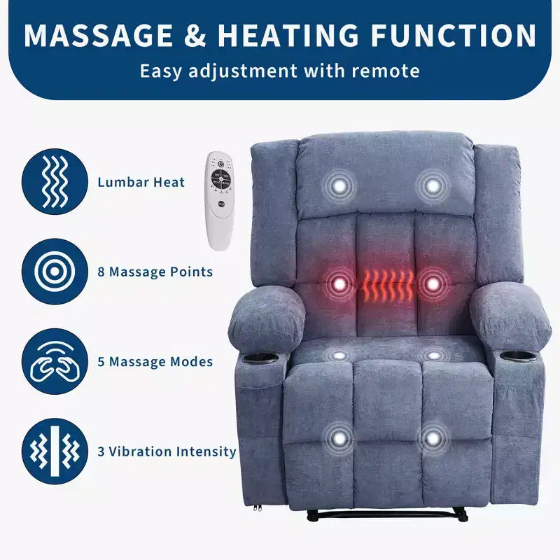 Grand fauteuil inclinable électrique avec fonction massage et chauffage pour personnes âgées, 3 positions, 2 poches latérales et porte-gobelets, et ports USB