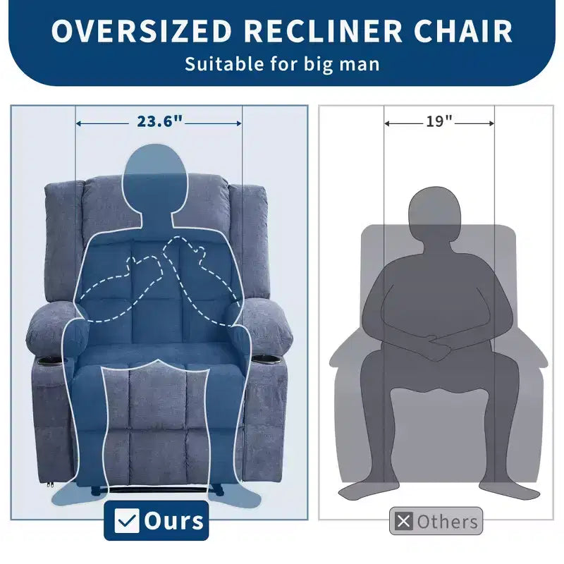 Grand fauteuil inclinable électrique avec fonction massage et chauffage pour personnes âgées, 3 positions, 2 poches latérales et porte-gobelets, et ports USB