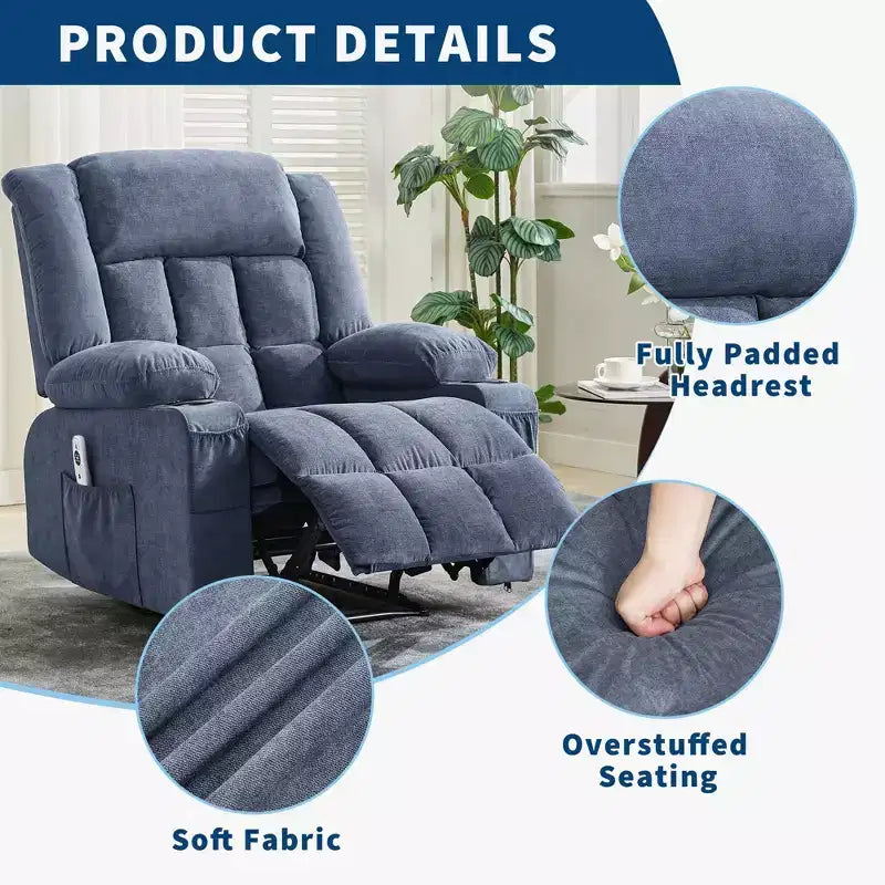 Grand fauteuil inclinable électrique avec fonction massage et chauffage pour personnes âgées, 3 positions, 2 poches latérales et porte-gobelets, et ports USB