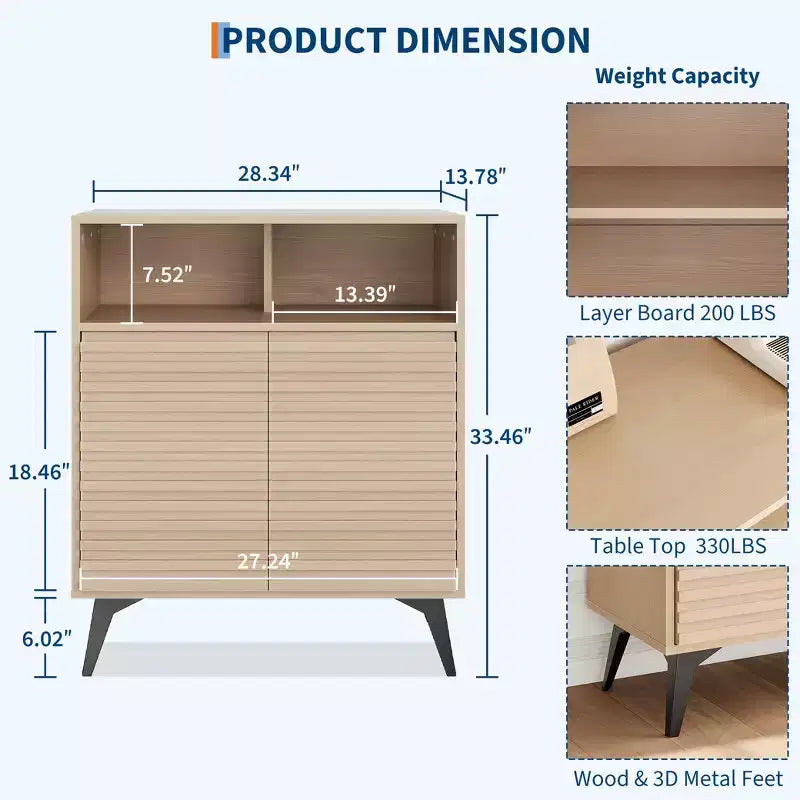 Meuble de rangement cannelé avec pieds en métal, buffet de style moderne du milieu du siècle, desserte avec rangement pour salon, couloir, entrée