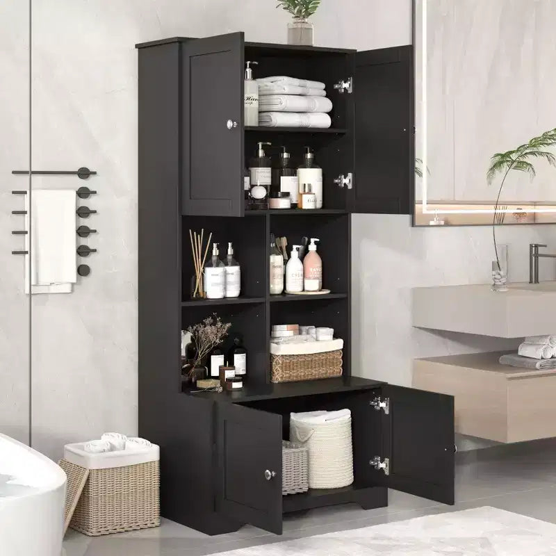 Meuble de salle de bain colonne Okak avec 4 portes et 4 étagères ouvertes, meuble de rangement au sol pour salle de bain, cuisine