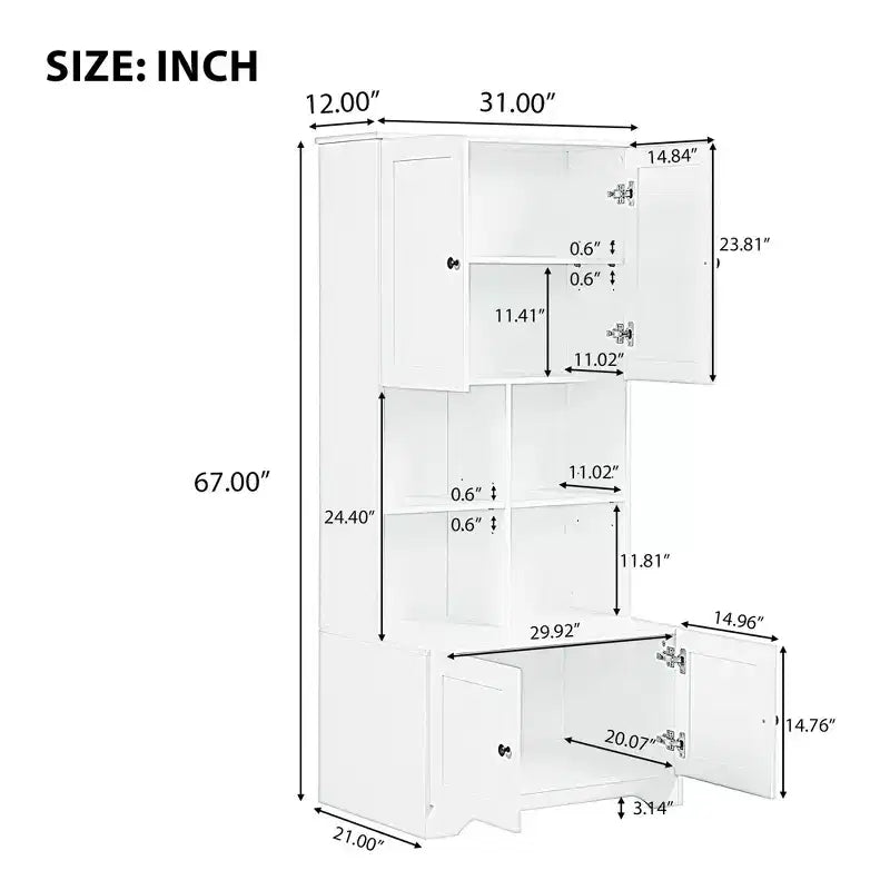 Meuble de salle de bain colonne Okak avec 4 portes et 4 étagères ouvertes, meuble de rangement au sol pour salle de bain, cuisine