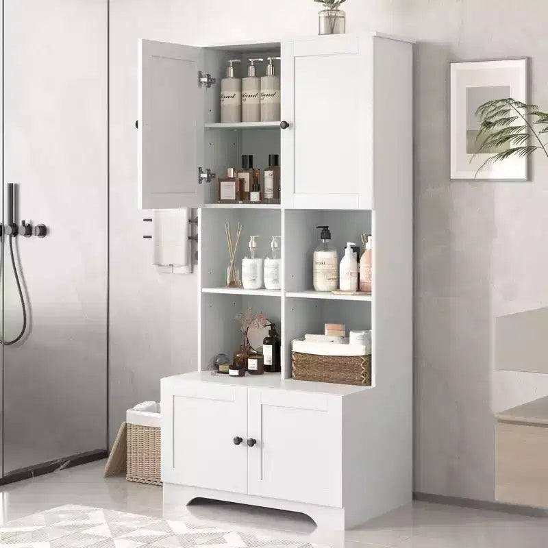 Meuble de salle de bain colonne Okak avec 4 portes et 4 étagères ouvertes, meuble de rangement au sol pour salle de bain, cuisine
