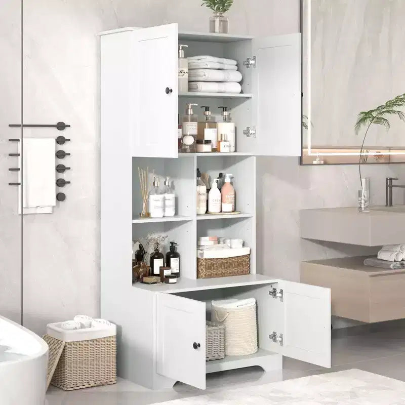 Meuble de salle de bain colonne Okak avec 4 portes et 4 étagères ouvertes, meuble de rangement au sol pour salle de bain, cuisine