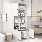 Meuble de salle de bain colonne Okak avec 4 portes et 4 étagères ouvertes, meuble de rangement au sol pour salle de bain, cuisine