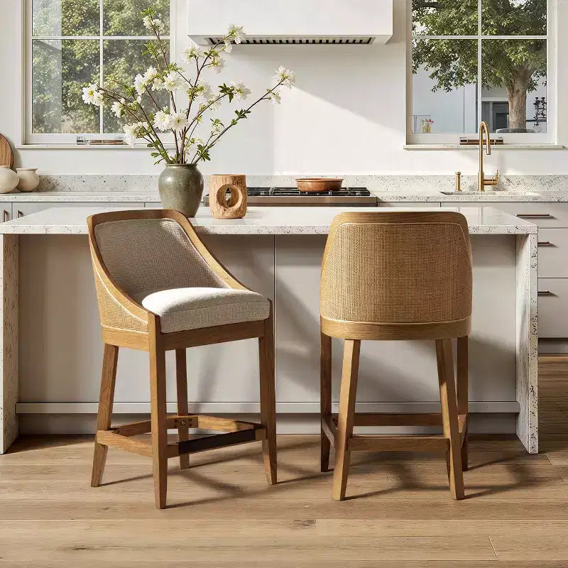 Tabouret de comptoir en chêne rembourré en tissu performant 27 Cane Jennifer Taylor Home Charleston, Tissage texturé taupe beige