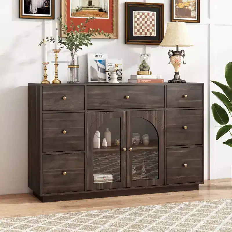Christopher Knight Home Mirae Armoire de Rangement Vintage 140 cm avec 7 Tiroirs, 2 Portes Vitrées et Étagères Réglables