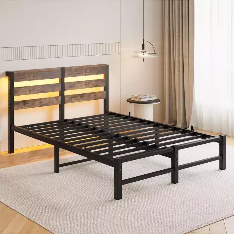 MAYEERTY Full Size Metal Wooden Headboard Bed Frame Charger Storage Shelf Noise Free No Box Spring Needed Rustic Brown