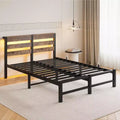 MAYEERTY Full Size Metal Wooden Headboard Bed Frame Charger Storage Shelf Noise Free No Box Spring Needed Rustic Brown