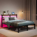 MAYEERTY Lit double en métal avec tête de lit en bois, étagère de rangement et chargeur intégré, silencieux, ne nécessite pas de sommier tapissier, marron rustique