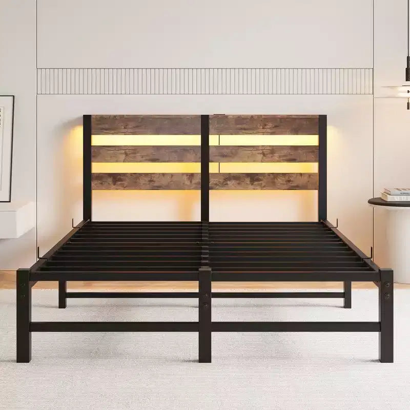 MAYEERTY Lit double en métal avec tête de lit en bois, étagère de rangement et chargeur intégré, silencieux, ne nécessite pas de sommier tapissier, marron rustique