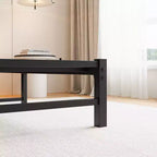 MAYEERTY Lit double en métal avec tête de lit en bois, étagère de rangement et chargeur intégré, silencieux, ne nécessite pas de sommier tapissier, marron rustique