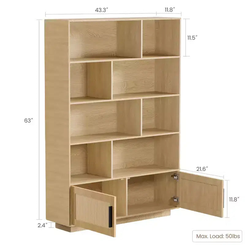 Étagère à 5 niveaux, Bibliothèque de style Bohème, Porte en rotin, Bibliothèque et étagère en bois avec fonction de rangement, Grande étagère, Grande bibliothèque, Convient