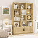 Étagère à 5 niveaux, Bibliothèque de style Bohème, Porte en rotin, Bibliothèque et étagère en bois avec fonction de rangement, Grande étagère, Grande bibliothèque, Convient