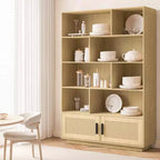Étagère à 5 niveaux, Bibliothèque de style Bohème, Porte en rotin, Bibliothèque et étagère en bois avec fonction de rangement, Grande étagère, Grande bibliothèque, Convient