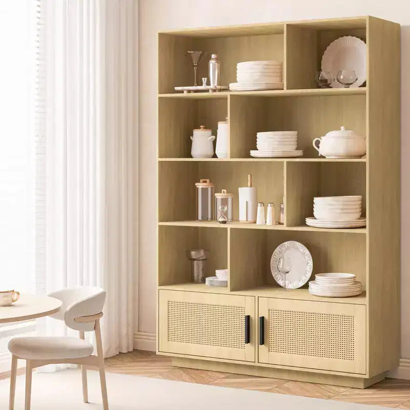 Étagère à 5 niveaux, Bibliothèque de style Bohème, Porte en rotin, Bibliothèque et étagère en bois avec fonction de rangement, Grande étagère, Grande bibliothèque, Convient