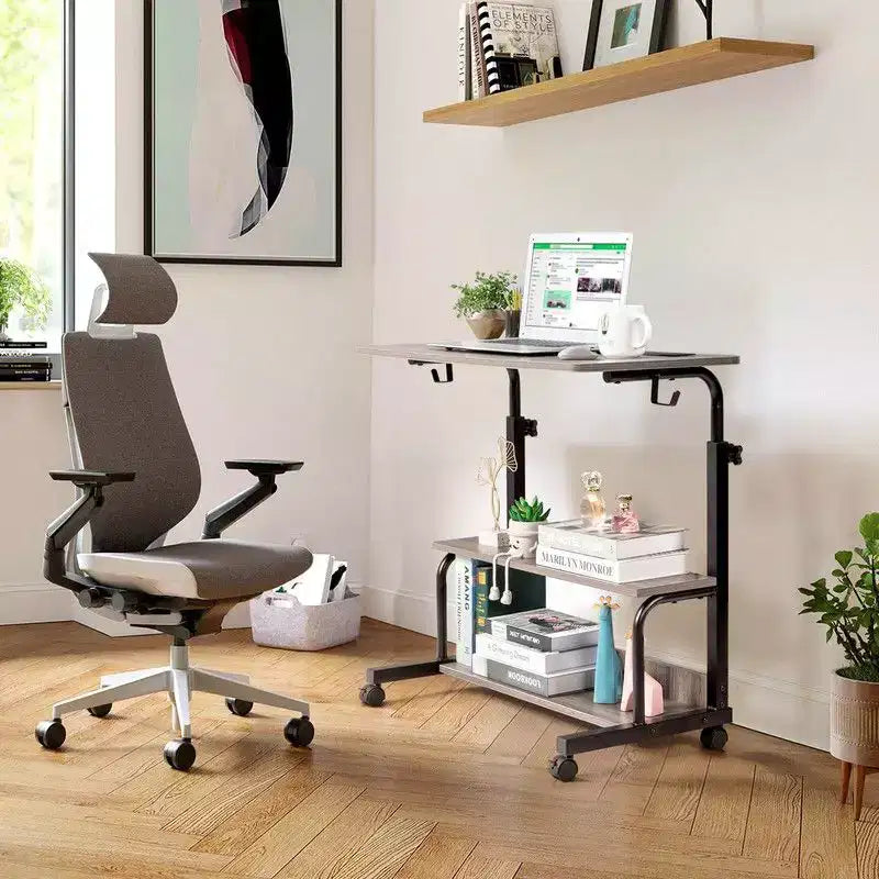 Bureau d'ordinateur gris, réglable en hauteur, en bois et acier, avec station de charge