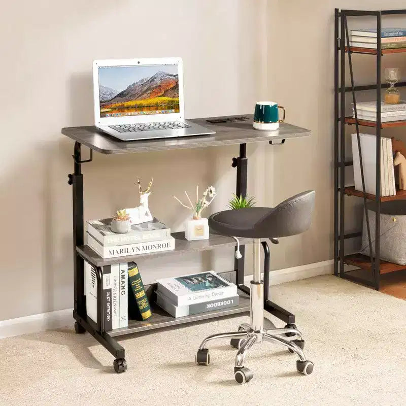 Bureau d'ordinateur gris, réglable en hauteur, en bois et acier, avec station de charge