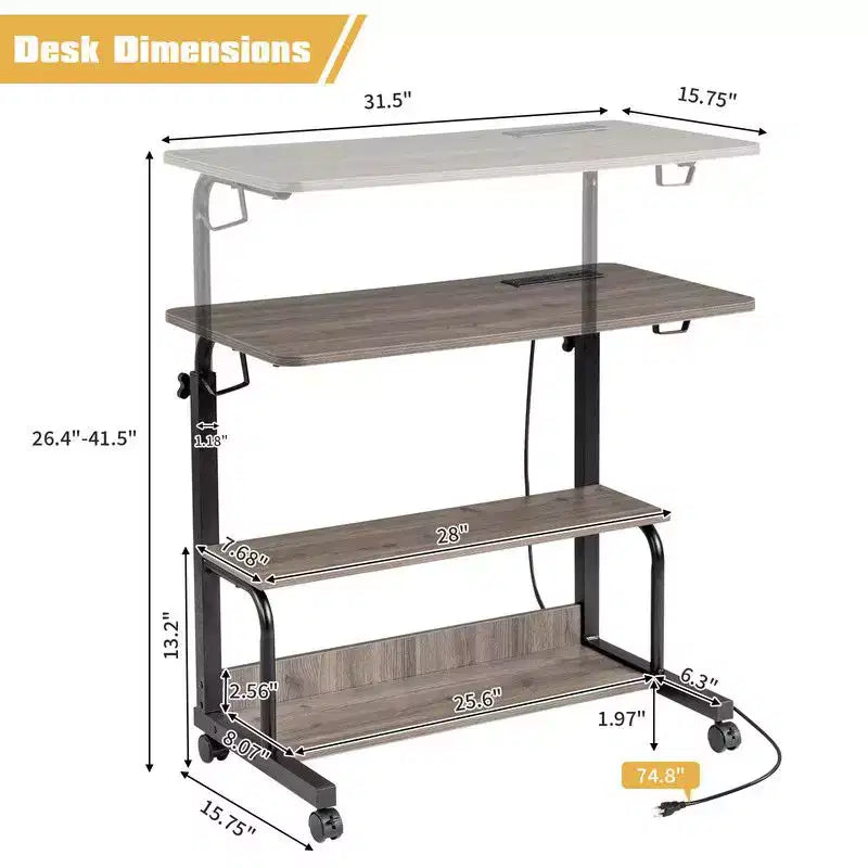 Bureau d'ordinateur gris, réglable en hauteur, en bois et acier, avec station de charge