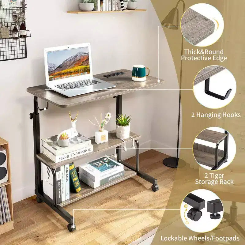 Bureau d'ordinateur gris, réglable en hauteur, en bois et acier, avec station de charge