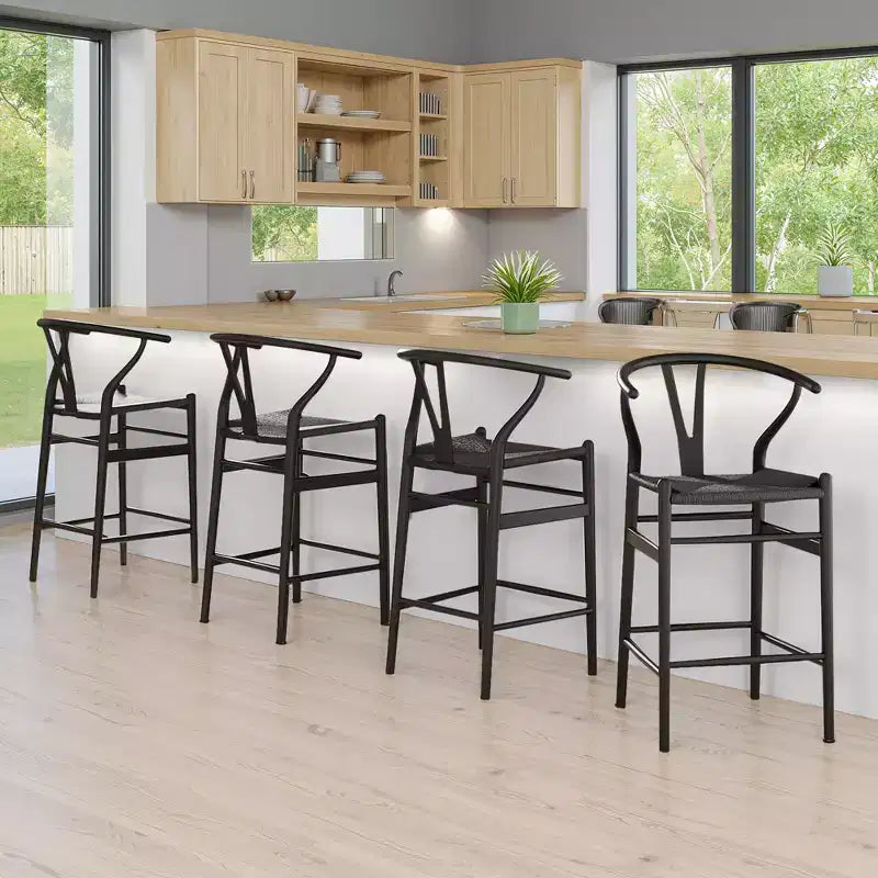 MAYEERTY Black Fully Assembled Wishbone Weave Bar Stool - Modern & Sturdy for Kitchen Island