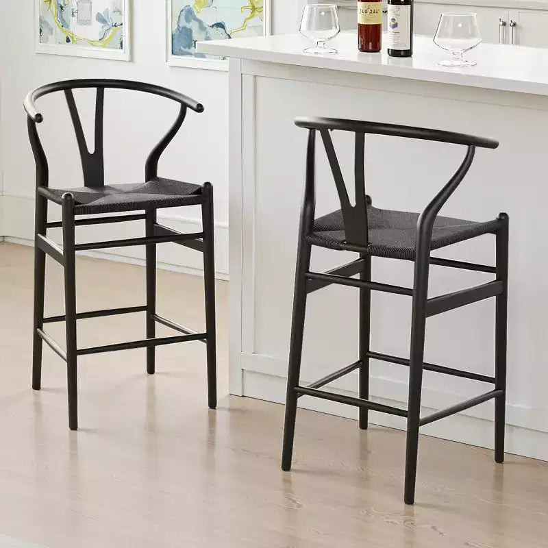 MAYEERTY Tabouret de bar tissé Wishbone noir entièrement assemblé – Moderne et robuste pour îlot de cuisine