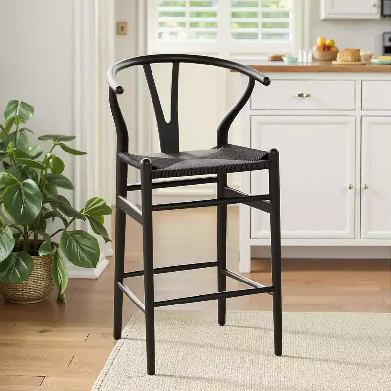 MAYEERTY Tabouret de bar tissé Wishbone noir entièrement assemblé – Moderne et robuste pour îlot de cuisine