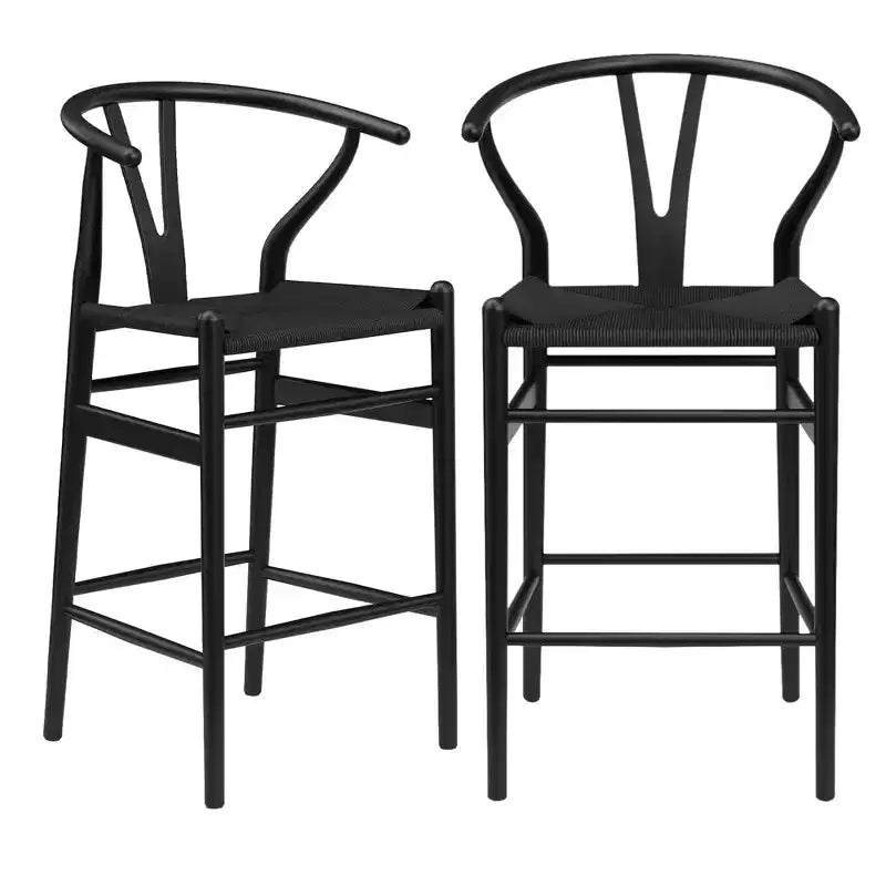 MAYEERTY Tabouret de bar tissé Wishbone noir entièrement assemblé – Moderne et robuste pour îlot de cuisine