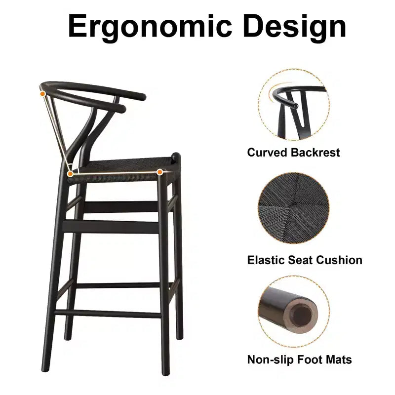 MAYEERTY Tabouret de bar tissé Wishbone noir entièrement assemblé – Moderne et robuste pour îlot de cuisine