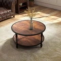 Round Coffee Table for Living Room, 2-Tier Wood Circle Coffee Table with Sturdy Roman Column Metal Legs,Rustic Center Table with Storage Shelf