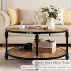 Table basse ronde pour salon, table basse circulaire à 2 niveaux en bois avec pieds métalliques robustes en colonnes romaines, table basse rustique avec étagère de rangement