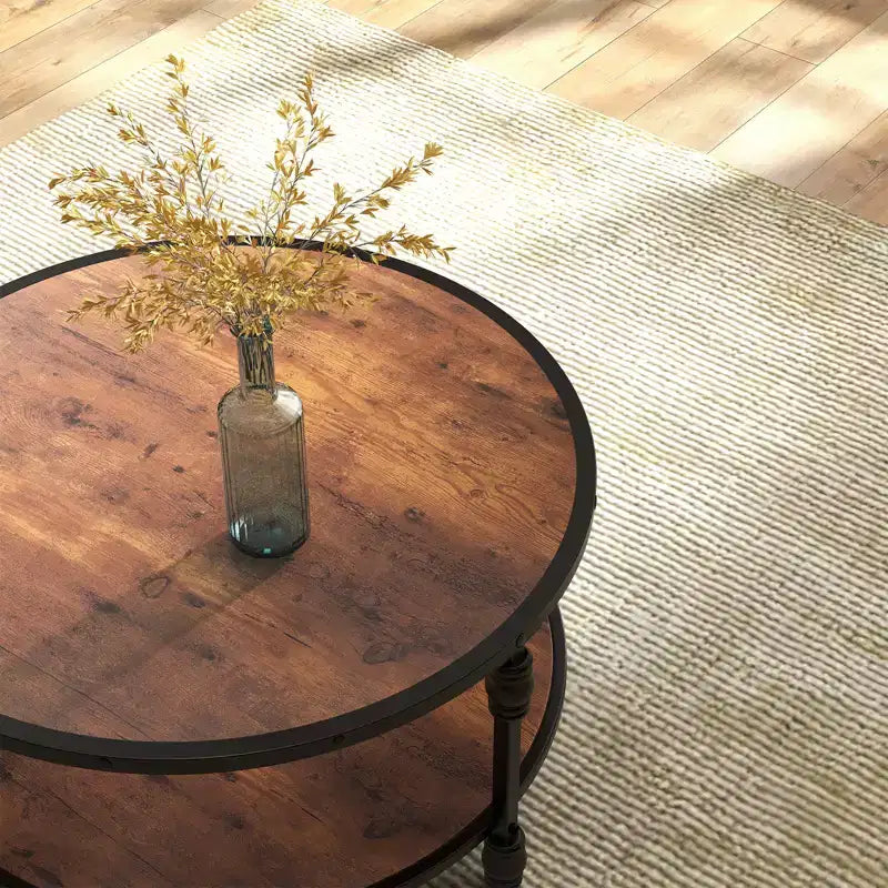 Table basse ronde pour salon, table basse circulaire à 2 niveaux en bois avec pieds métalliques robustes en colonnes romaines, table basse rustique avec étagère de rangement