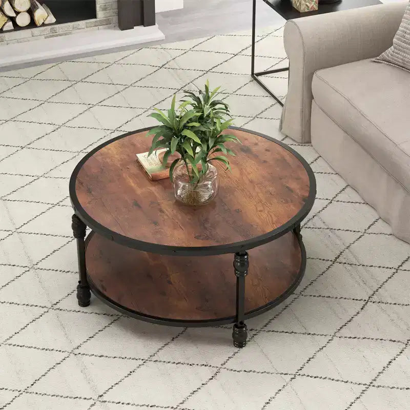 Table basse ronde pour salon, table basse circulaire à 2 niveaux en bois avec pieds métalliques robustes en colonnes romaines, table basse rustique avec étagère de rangement