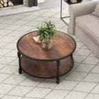 Table basse ronde pour salon, table basse circulaire à 2 niveaux en bois avec pieds métalliques robustes en colonnes romaines, table basse rustique avec étagère de rangement