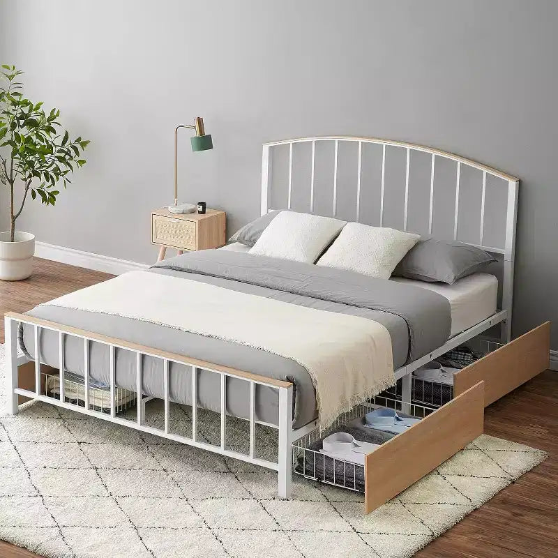 Cadre de lit plateforme avec tête et pied de lit, 4 tiroirs de rangement sous le lit, support à lattes métalliques, aucun sommier tapissier requis, blanc et chêne