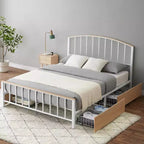 Cadre de lit plateforme avec tête et pied de lit, 4 tiroirs de rangement sous le lit, support à lattes métalliques, aucun sommier tapissier requis, blanc et chêne