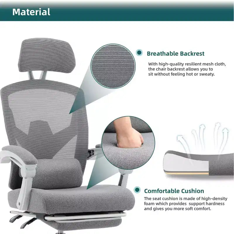 Chaise de bureau à dossier haut en maille Okak moderne avec repose-pieds rétractable, chaise de bureau pivotante réglable pour le bureau, l'étude