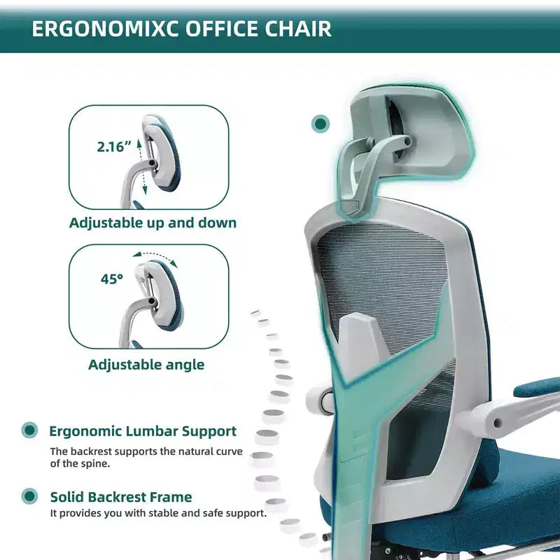 Chaise de bureau à dossier haut en maille Okak moderne avec repose-pieds rétractable, chaise de bureau pivotante réglable pour le bureau, l'étude