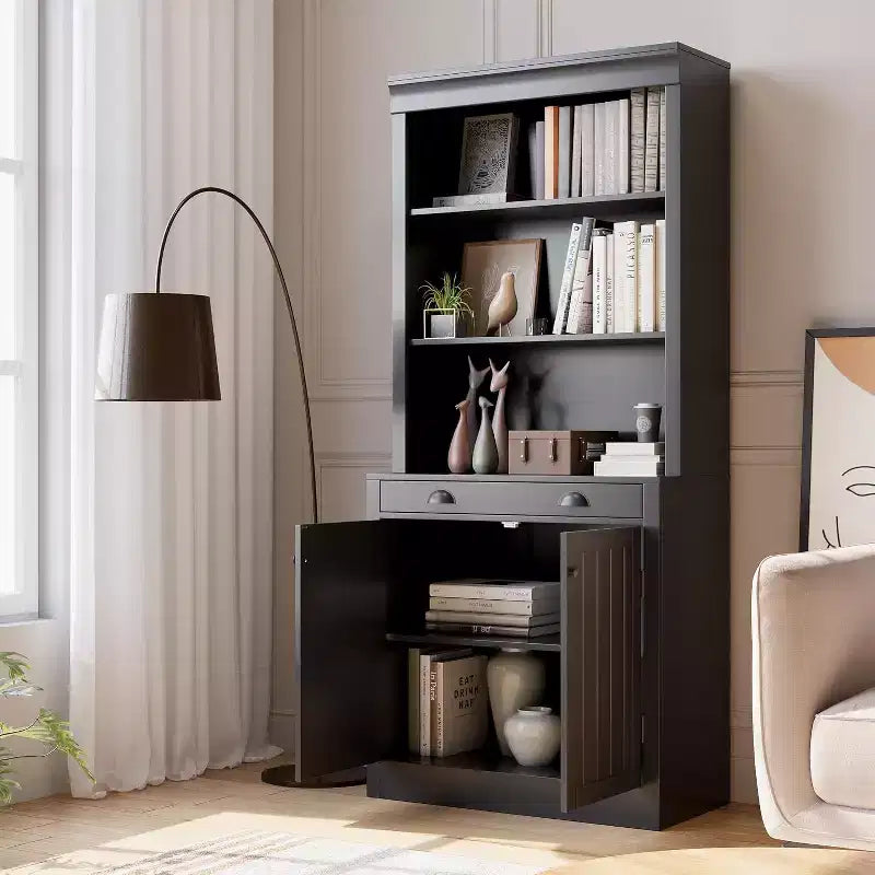 Bibliothèque 5 niveaux de 180 cm avec 2 portes et 1 tiroir, meuble de rangement en bois avec étagères réglables pour salon, bureau