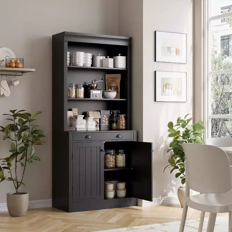 Bibliothèque 5 niveaux de 180 cm avec 2 portes et 1 tiroir, meuble de rangement en bois avec étagères réglables pour salon, bureau