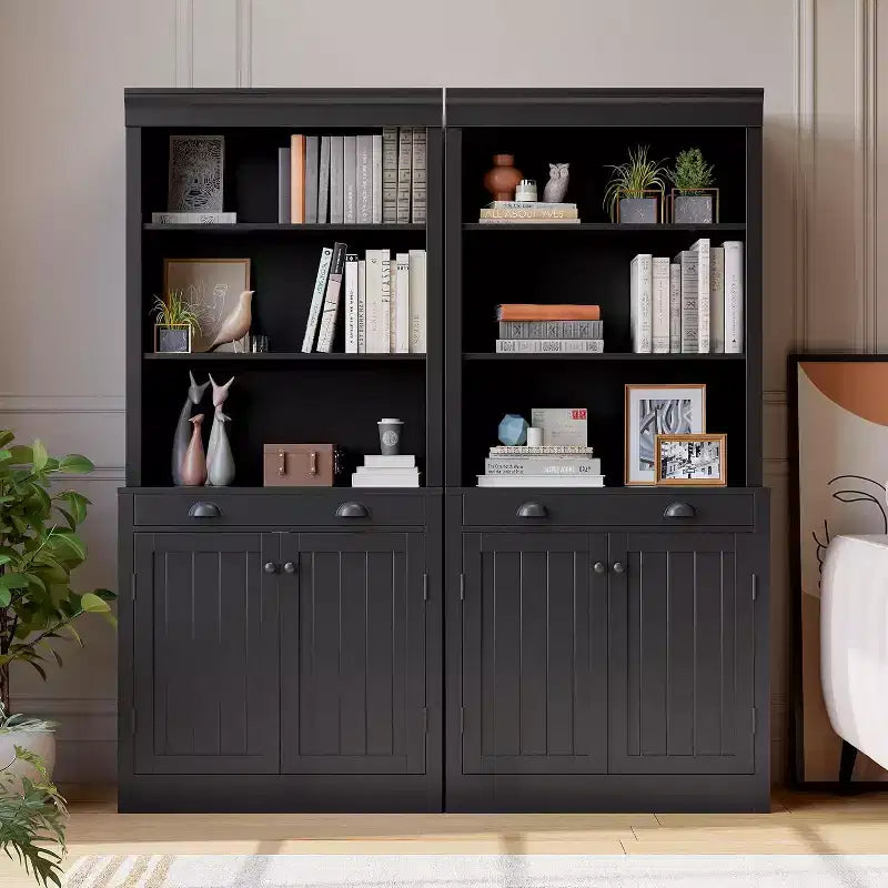 Bibliothèque 5 niveaux de 180 cm avec 2 portes et 1 tiroir, meuble de rangement en bois avec étagères réglables pour salon, bureau
