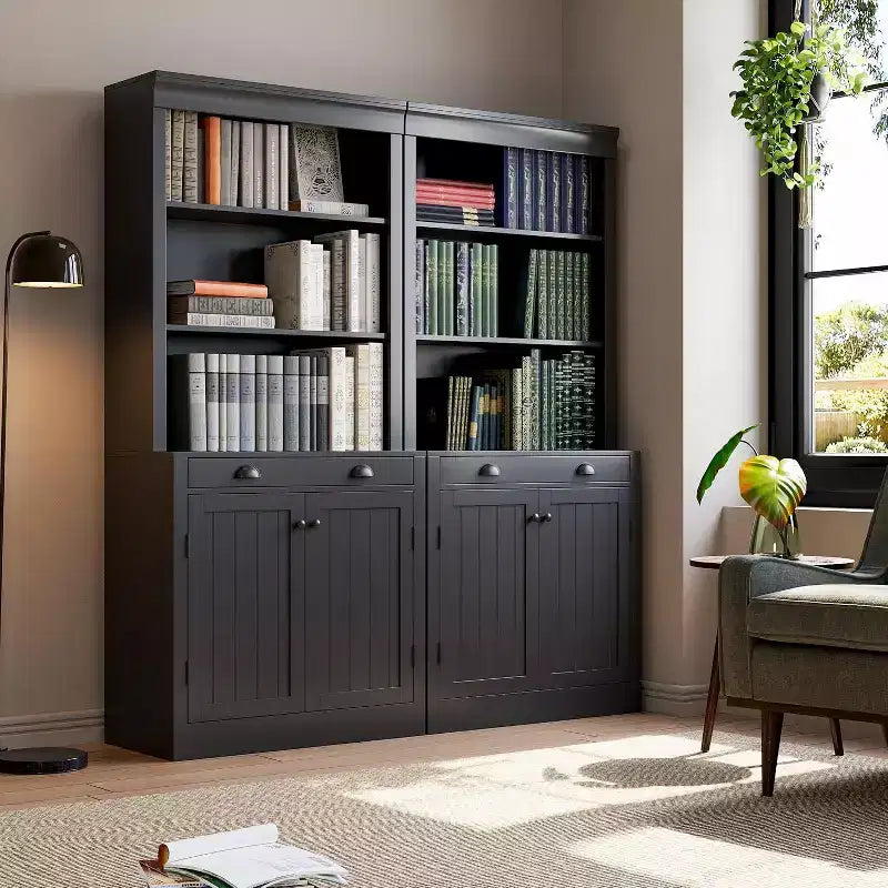 Bibliothèque 5 niveaux de 180 cm avec 2 portes et 1 tiroir, meuble de rangement en bois avec étagères réglables pour salon, bureau