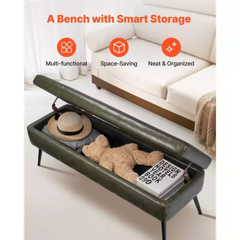 Banc de rangement ottoman en cuir VEVOR, banc en cuir PU avec rangement et pieds en métal, bancs capitonnés pour le bout du lit, vert