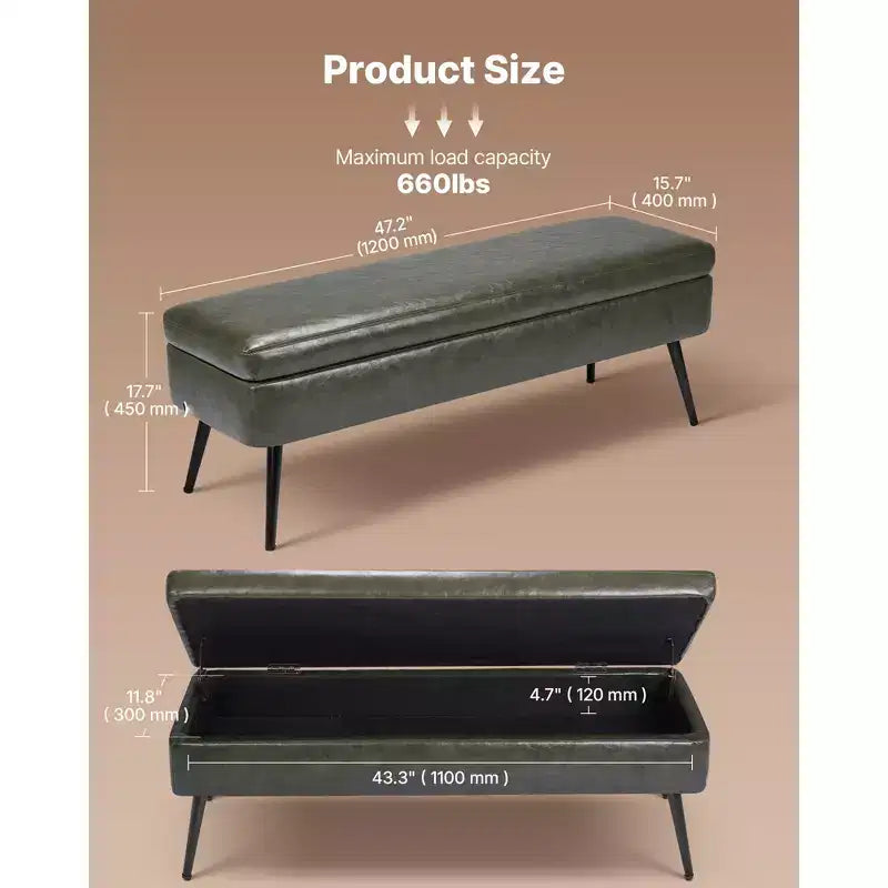 Banc de rangement ottoman en cuir VEVOR, banc en cuir PU avec rangement et pieds en métal, bancs capitonnés pour le bout du lit, vert