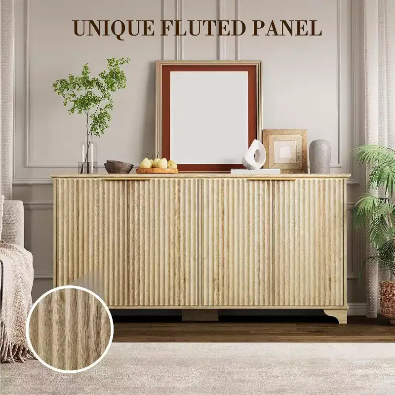 Buffet de rangement cannelé avec 4 portes décorées, meuble de bar à café en bois avec pieds en bois massif pour cuisine, salle à manger, couloir