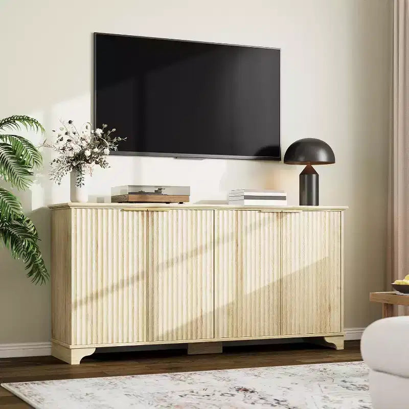 Buffet de rangement cannelé avec 4 portes décorées, meuble de bar à café en bois avec pieds en bois massif pour cuisine, salle à manger, couloir