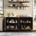 Buffet de rangement cannelé avec 4 portes décorées, meuble de bar à café en bois avec pieds en bois massif pour cuisine, salle à manger, couloir